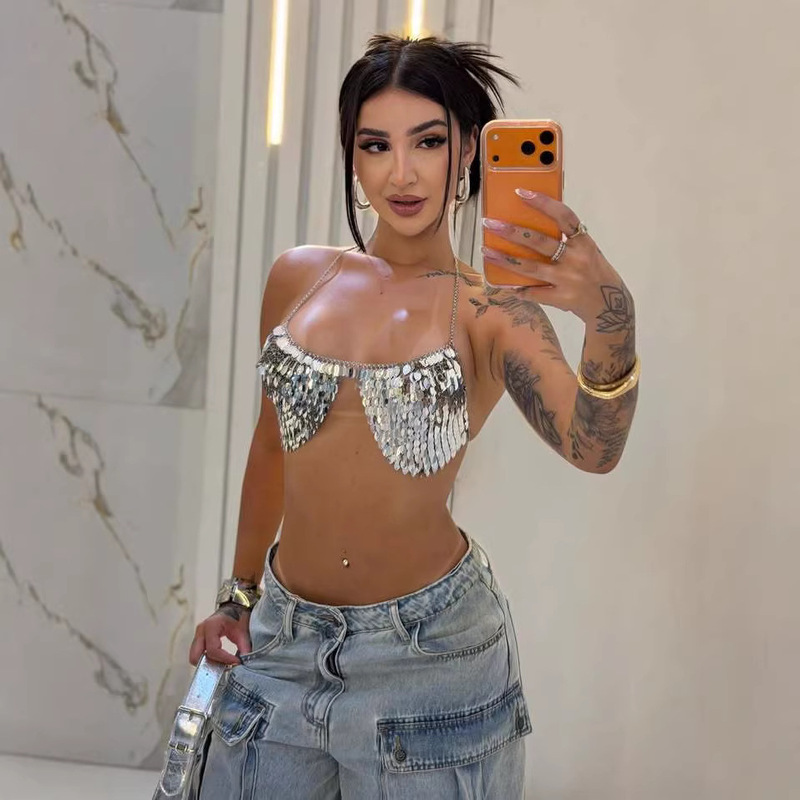 European and American Cross-Border Amazon Nightclub Sexy Silver Bra Chain Body Chain Party Sequin Glitter Top Vest European and American Cross-Border Amazon Nightclub Sexy Silver Bra Chain Body Chain Party Sequin Glitter Top Vest