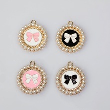 新款韩版发饰材料DIY珍珠蝴蝶结圆形挂件滴油合金材料配件工厂直