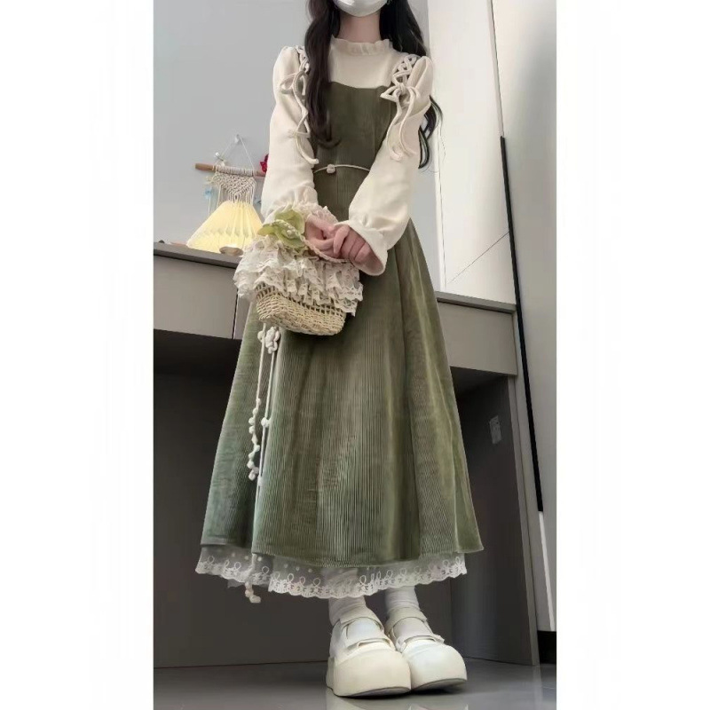 女性用スーツ 2025 秋韓国年齢軽減長袖ボトムシャツトップウエスト痩身サスペンダードレス 2 点セット|undefined