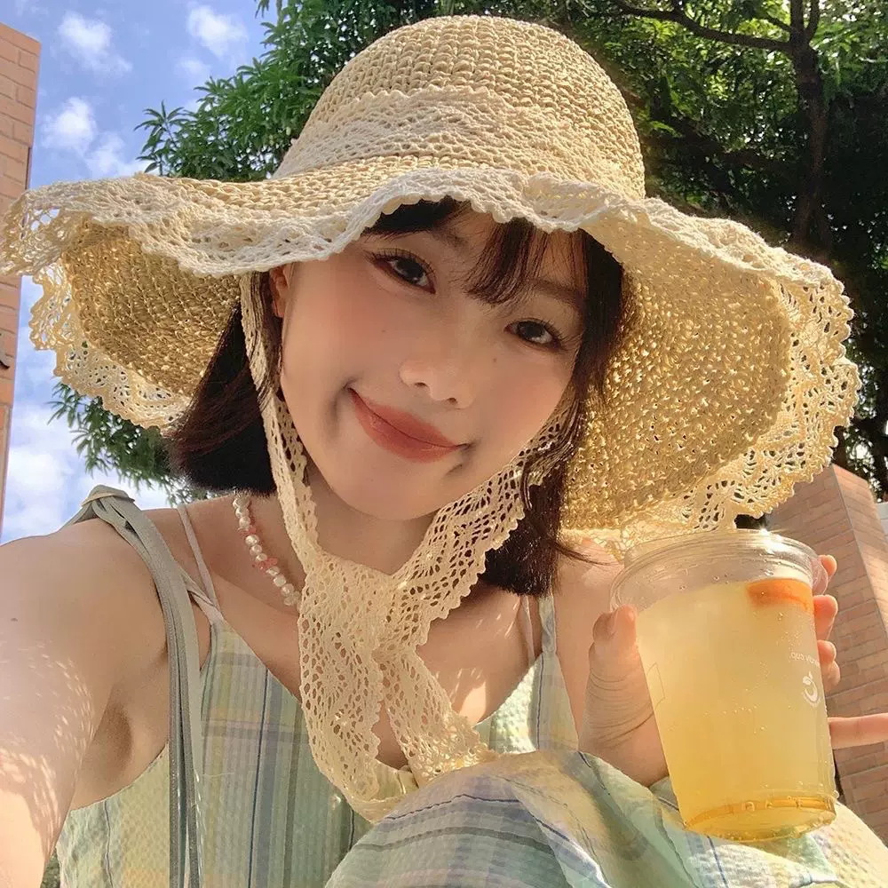 防晒帽子夏季蕾丝草帽编织女大帽檐遮阳帽海边渔夫帽显脸小沙滩帽