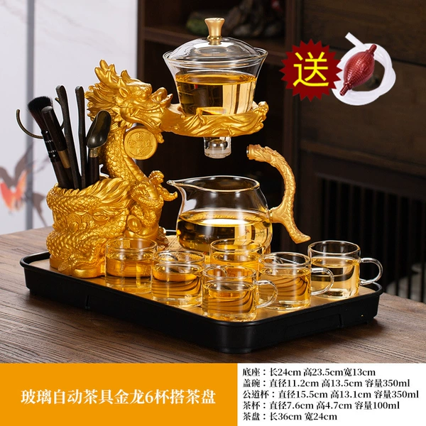 Glass automatic tea set Golden Dragon 6 cup with tea tray