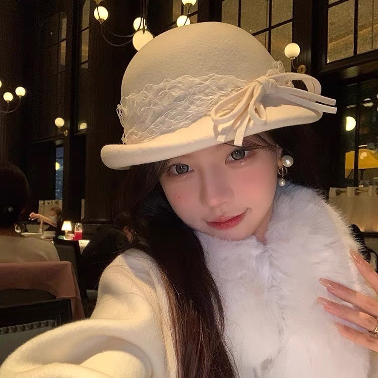 Socialite Lace Bow Woolen Beret For Women Winter Ins New Hepburn Vintage Round Top Hat_voghion.com