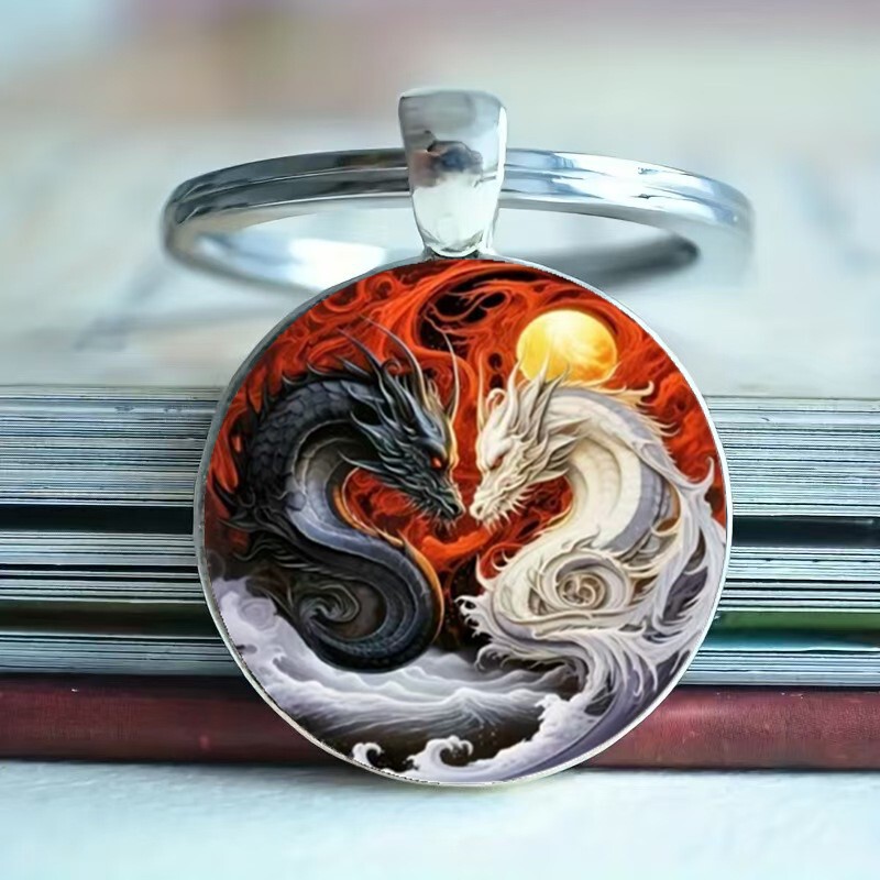 Cross-Border Hot-Selling Fashion Yin-Yang Black and White Dragon Round Glass Alloy Keychain Pendant Personalized Car Backpack Accessory