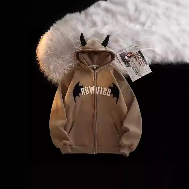 American Trendy Brand Retro Little Devil Horn Cardigan Hooded Sweatshirt for Men and Women Loose High Street Versatile Couple Outwear Top American Trendy Brand Retro Little Devil Horn Cardigan Hooded Sweatshirt for Men and Women Loose High Street Versatile Couple Outwear Top