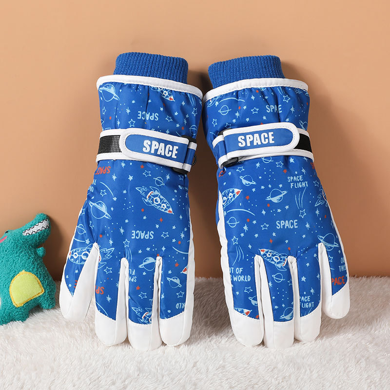 Children Aged 7-14 Ski Gloves Autumn Winter Cute Cartoon Space Pattern Warm Touchscreen Riding Waterproof Fleece Lined Thickened_desvips.com