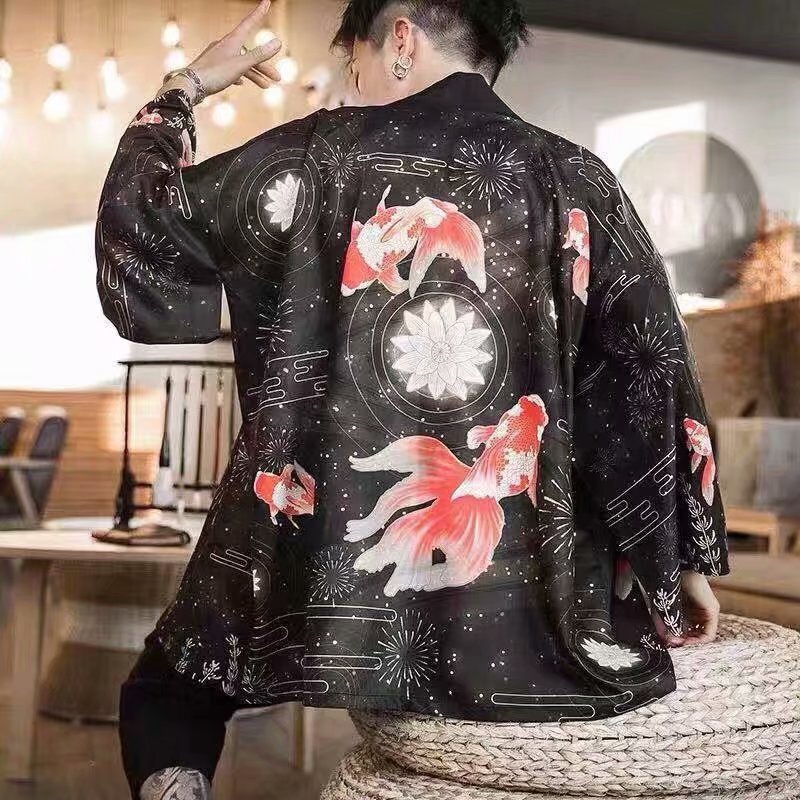 Japanese Harajuku Cardigan Kimono plus size Loose Sun-protective Clothing Men's Coat and Style Thin Hanfu Taoist Robe Seven-point Sleeve Shirt