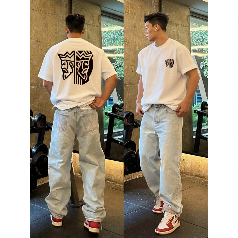 American High Street Style King Head Print Short-Sleeve T-Shirt for Men, Ins Spring/Summer Hong Kong Style Retro Casual Loose Pure Cotton Top American High Street Style King Head Print Short-Sleeve T-Shirt for Men, Ins Spring/Summer Hong Kong Style Retro Casual Loose Pure Cotton Top