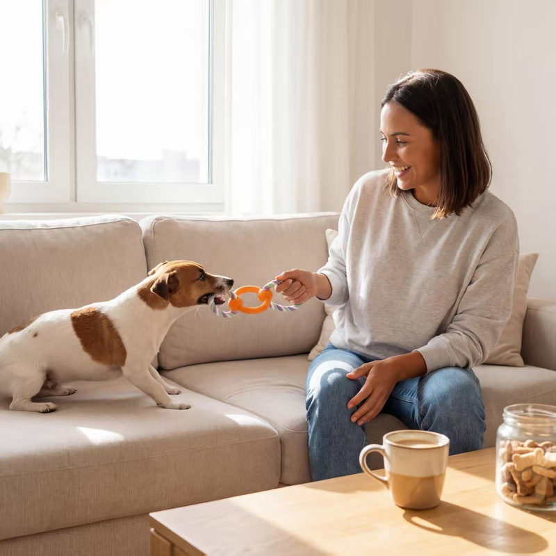 Durable chew toy for dogs, featuring a cotton rope knot and a rubber handle, designed for interactive play, teeth cleaning, and dental health. Pet supplies sourced for cross-border sales
