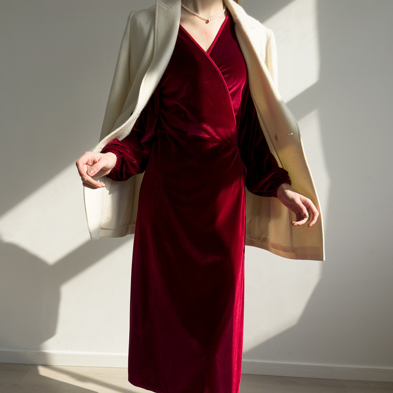 Sanjiao Recommended ~ Velvet Lace-Up Inner Dress Designer Style Mid-Length A-Line Dress with Patchwork Design Sanjiao Recommended ~ Velvet Lace-Up Inner Dress Designer Style Mid-Length A-Line Dress with Patchwork Design