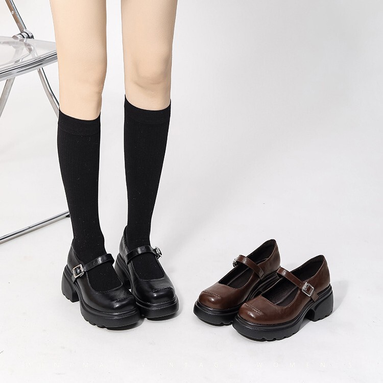 Mary Jane Shoes for Women with Wide Feet, Large Size 40, Black Leather Shoes with Wide Straps, Extra Wide and Thick Sole