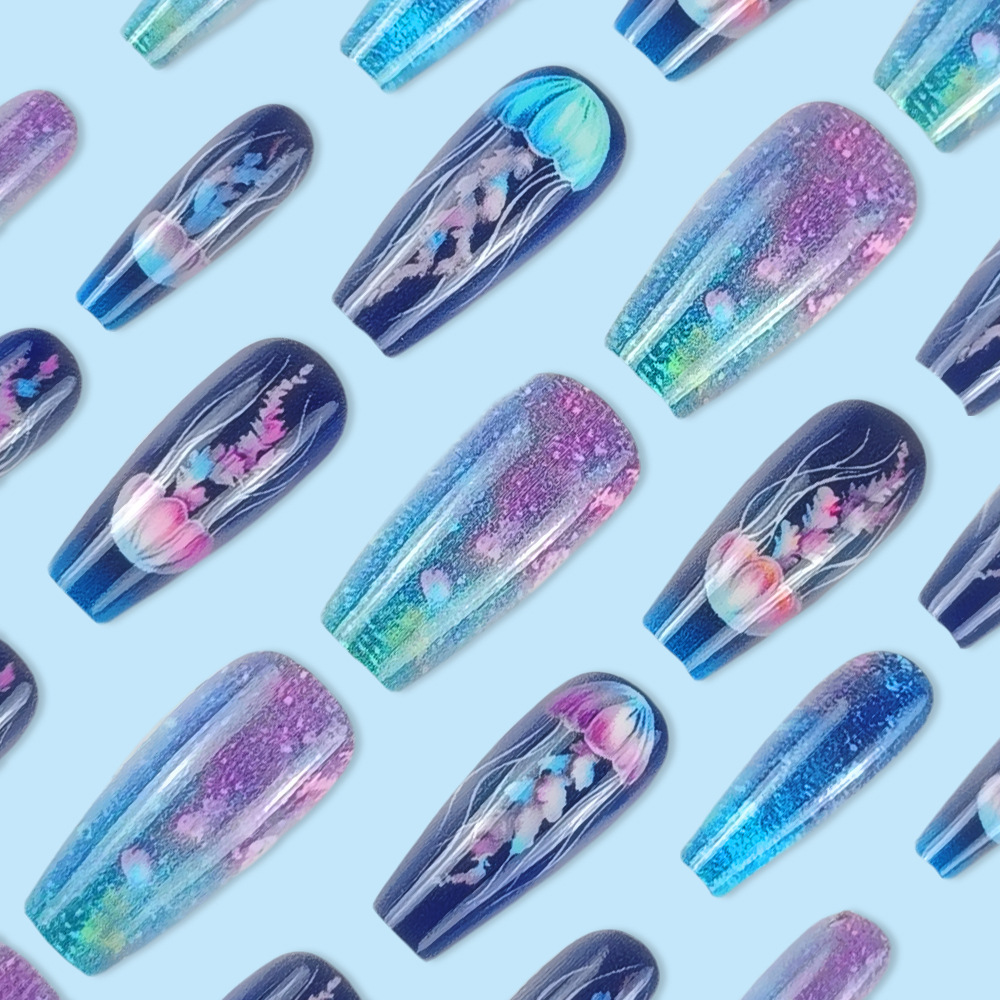 Ventas transfronterizas de uñas trapezoidales largas, medusas azules, sueños de viento marino, 24 piezas de parche de uñas