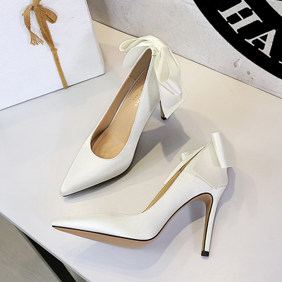 3393-H188M French style butterfly bow shallow mouth single shoe with pointed toe and thin heel silk super high heels