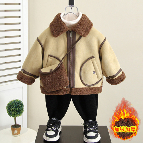 4592 Boys' Fleece Lined Coat Autumn/Winter  New Baby Winter Outfit Faux Fur Wool Coat Children's Wear