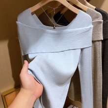 时尚设计感针织春季新款一字肩设计上衣女法式慵懒长袖针织衫