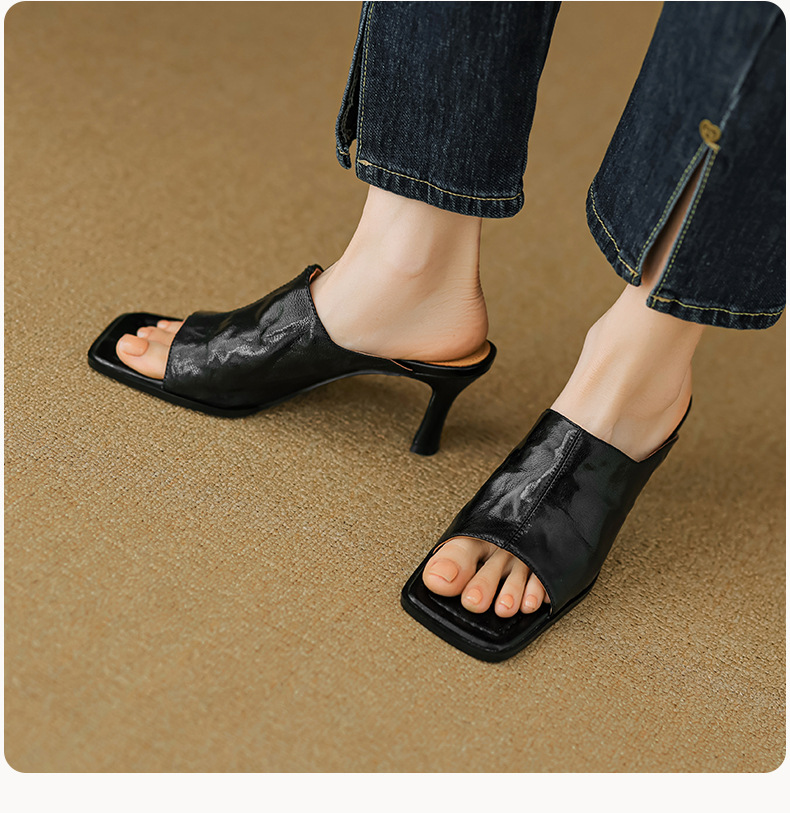 Sandal cao gót nữ hở mũi quai ngang da dê gót 7 cm kiểu Hàn Quốc — đen chi tiết 16