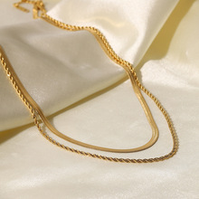 INS風經典簡約項鏈首飾18K鍍金刀片鏈扁蛇鏈麻花鏈雙層項鏈項飾女