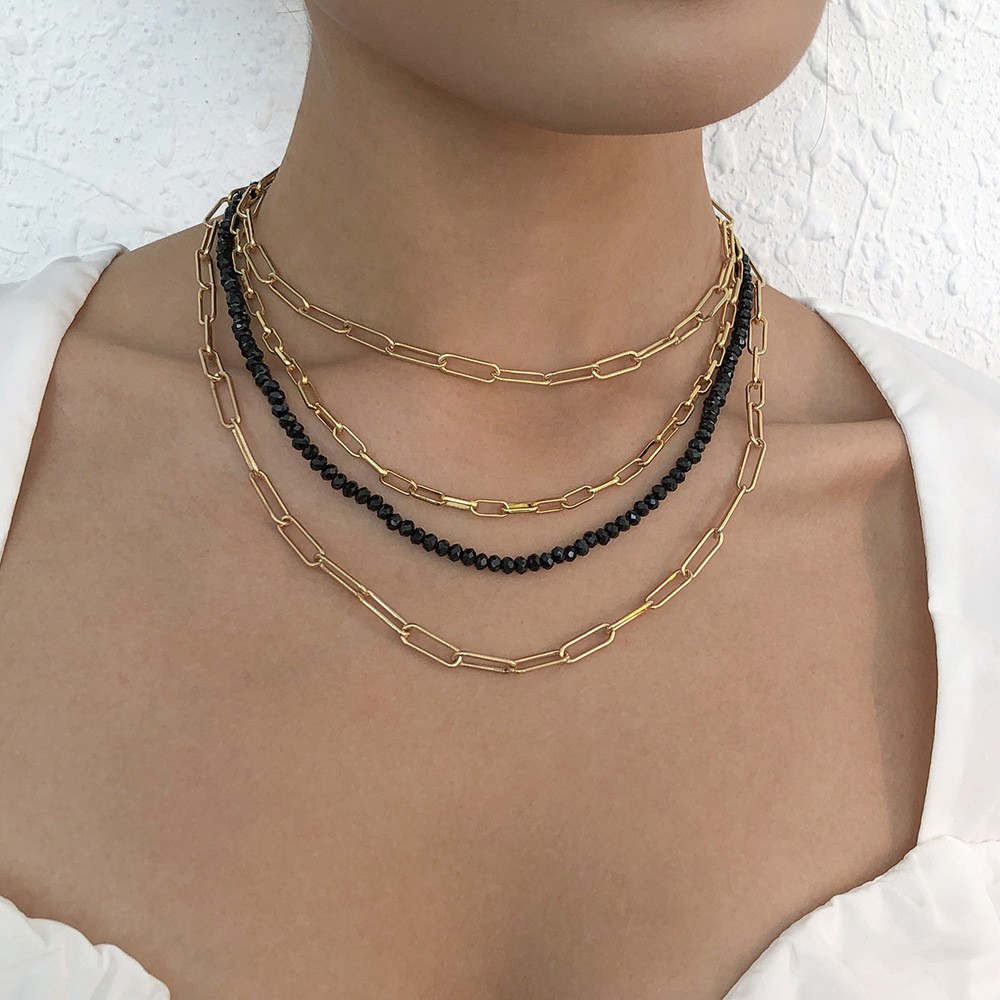 wholesale jewelry multi-layer hollow chain black imitation crystal beaded necklace nihaojewelry