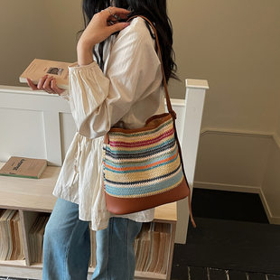 Small design rainbow straw one-shoulder bag, high quality beach shoulder bag