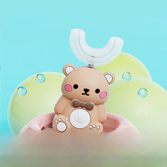 兒童直杆軟毛卡通電動牙刷 智能定時聲波防水寶寶U型電動牙刷批發