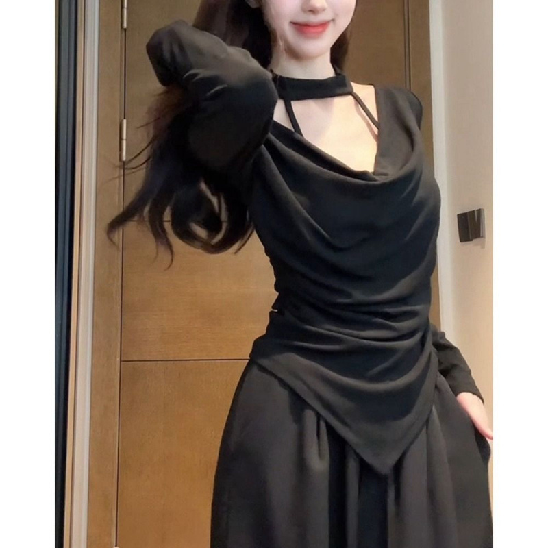 工厂批发【莫代尔人棉】纯欲风挂脖荡领长袖打底衫女秋冬不规则辣|undefined
