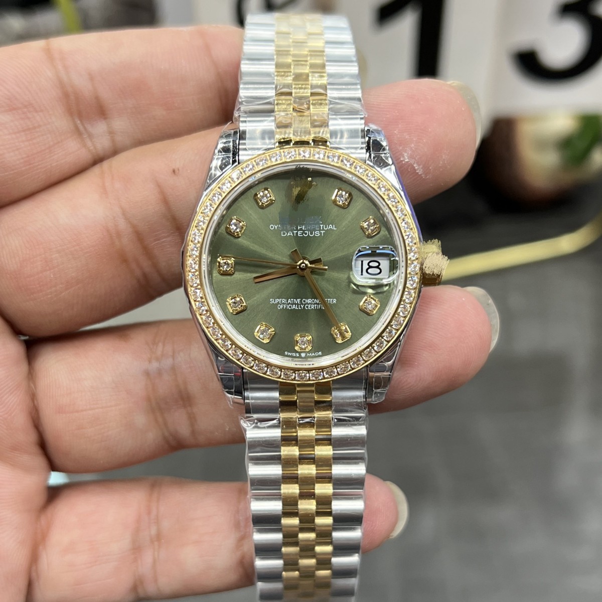 Arf Factory Ladies' Day-Date Automatic Mechanical Watch Oyster Steel Band Diamond Dial Single Calendar Women's Watch Submariner