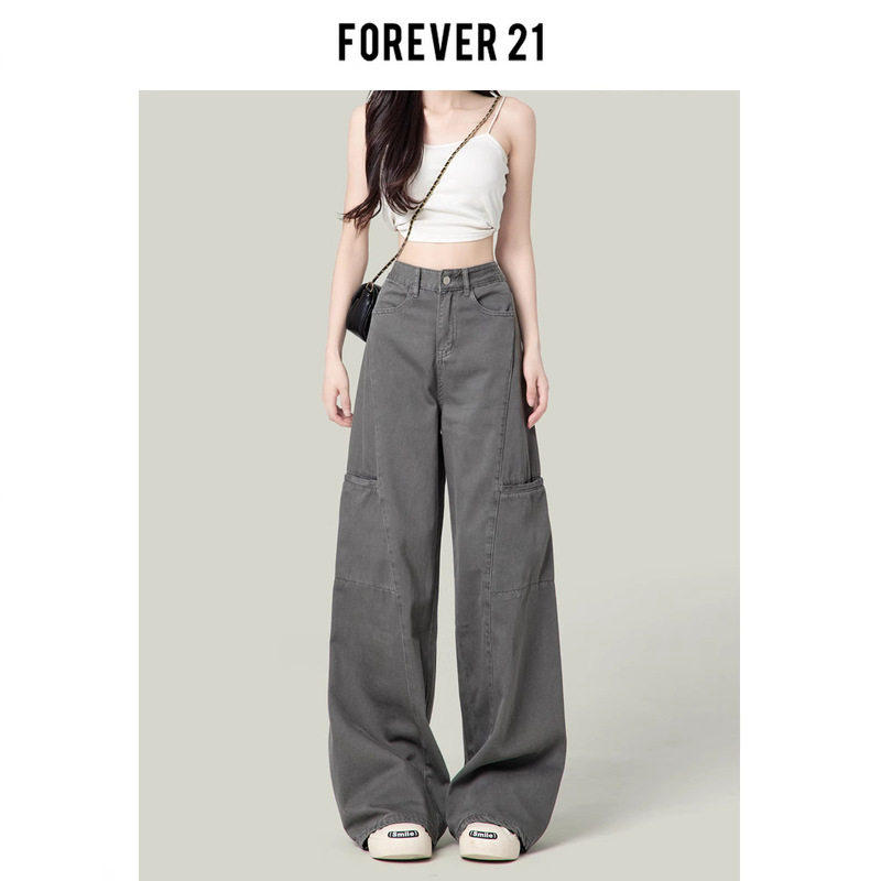 Forever 21 Cement Gray American Wide-Leg Cargo Pants for Women 2025 New Retro High-Waisted Straight Jeans