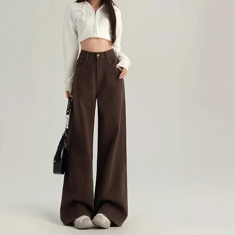 다크 브라운 와이드 레그 청바지 여자 2025 년 여름 새로운 하이 엔드 레트로 하이 웨이스트 루즈 올 매치 스트레이트 레그 바지