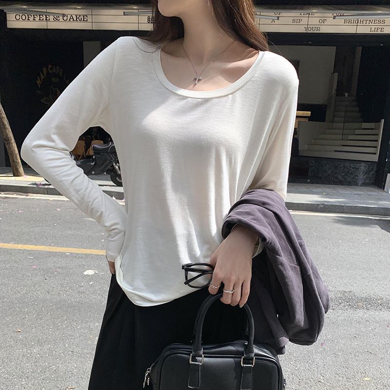Hot-Selling Korean Style Pure Lust Style Navel-Baring Sweet Hot Girl's Right Shoulder Beautiful and Unique Long-Sleeved Solid Color Top