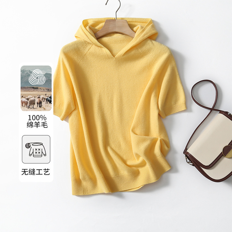 Cross-Border Exclusive Woolen Knitwear for Women Spring New Short-Sleeved Macaron Hooded Versatile Casual Knitwear Bn610