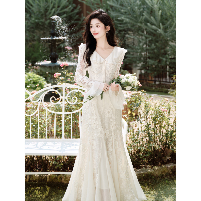 French-Style Heavy Embroidery Sequin Lace Chiffon Dress Goddess Temperament Vacation Long Dress White Wedding Gown