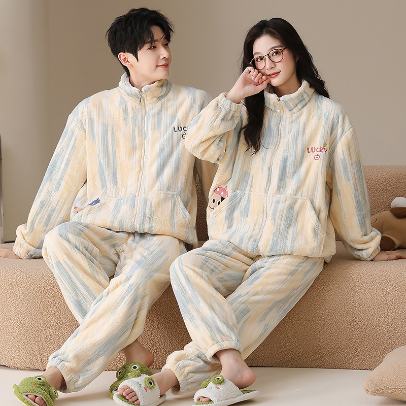 Couple Pajamas Coral Velvet Autumn and Winter Fleece-Lined Thickeneded Men's Zipper Flannel Women's Warm Home Wear Set