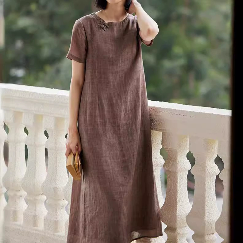 2024 весна-лето новое платье в китайском стиле дзен-стиль с круглым вырезом и короткими рукавами темпераментная юбка