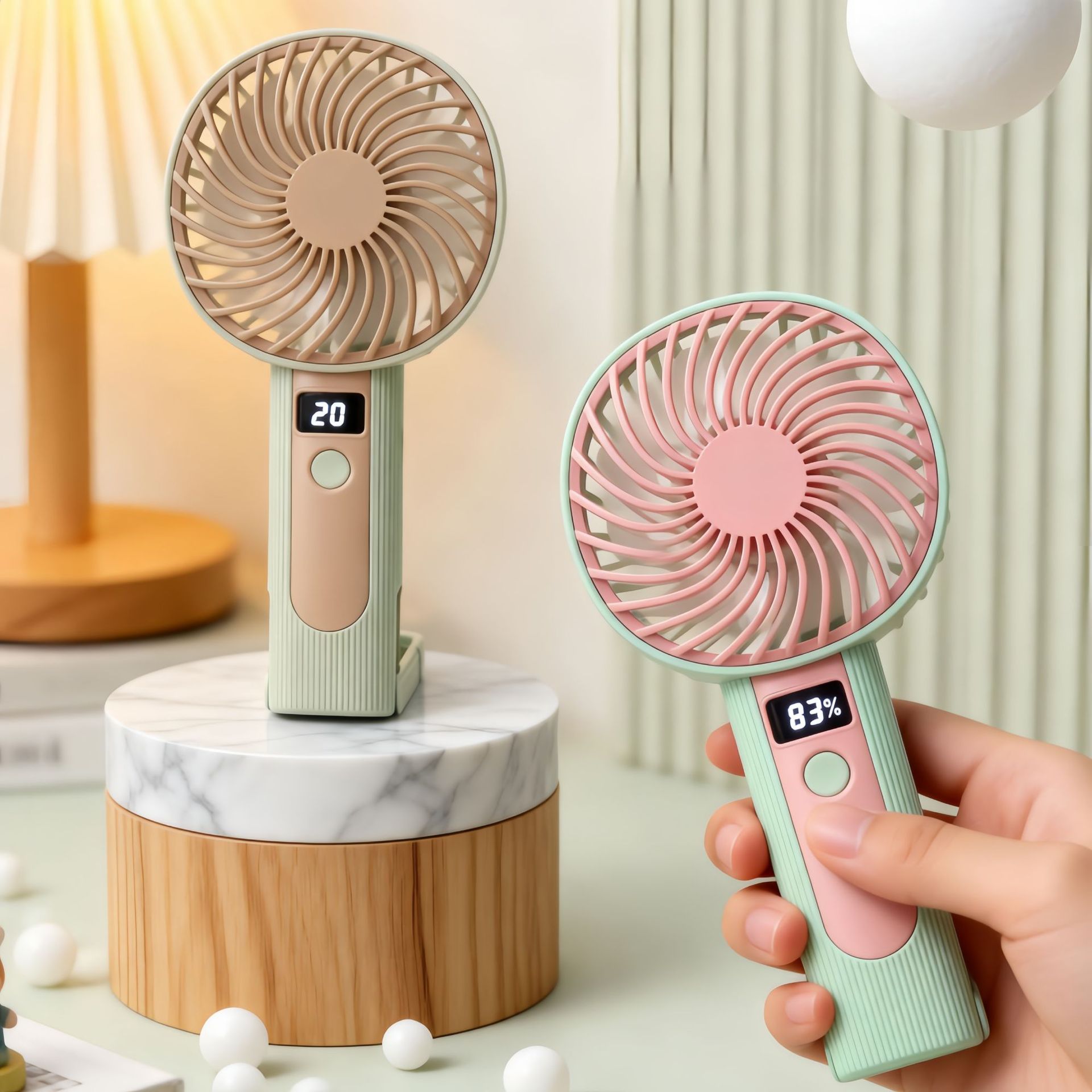 Mini ventilatore digitale portatile ricaricabile tramite USB, doppio utilizzo con supporto e moschettone, controllo continuo della velocità, attacco per borsa._voghion.com