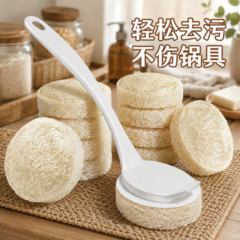 Natural loofah pot brush, a kitchen essential for cleaning pots and pans, featuring a long handle for easy use, and designed to clean pots and pans without damaging the coating Natural loofah pot brush, a kitchen essential for cleaning pots and pans, featuring a long handle for easy use, and designed to clean pots and pans without damaging the coating