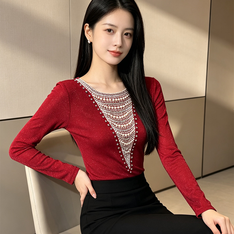 Heavy-duty beaded mesh long-sleeve top for women, with a sense of design, light luxury, versatile, slimming, and elegant base shirt T-shirt