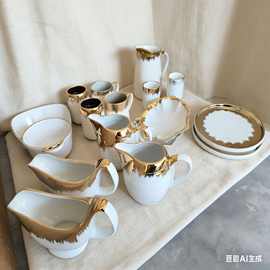 跨境爆款百货外贸热销金边电镀碗盘餐具按吨金色库存陶瓷镀钛处理