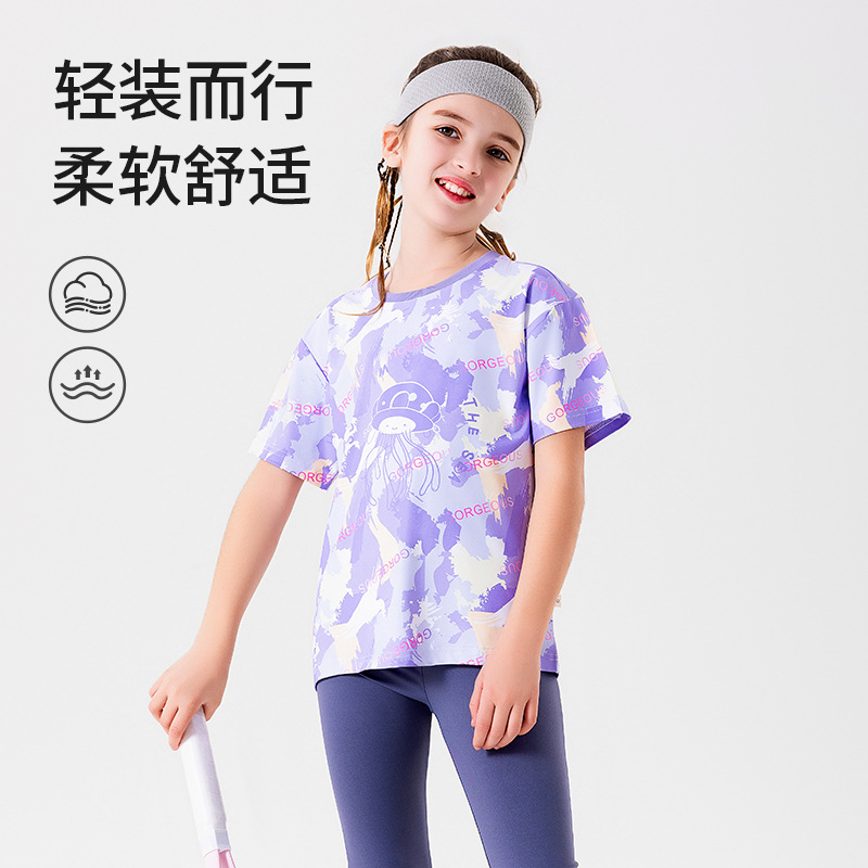 Foreign trade wholesale performance girls' sports high elastic quick-drying top summer medium and big children's casual sports T-shirt 200450