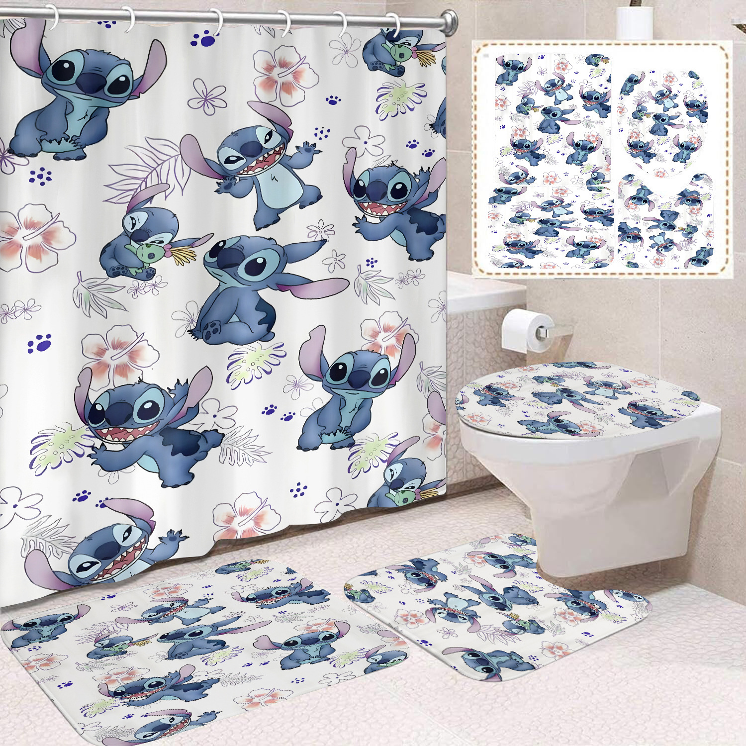 Venta directa de fábrica lindo baño de dibujos animados de cuatro piezas cortina de ducha impermeable cortina de ducha sin perforación cortina de partición de baño de baño