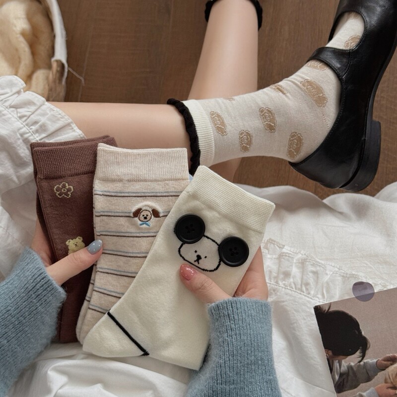 Japanese-style Korean-style puppy socks, women's mid-calf socks, autumn/winter trendy cartoon socks, cute striped socks, couple socks