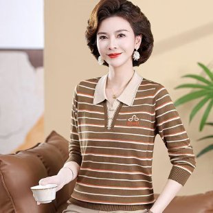 秋季新款妈妈装2025翻领长袖T恤洋气时尚显瘦减龄条纹上衣小衫|undefined