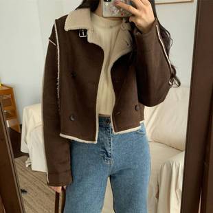 Lamb Fleece and Fur Integrated Workwear Short Jacket for Women 2025 New Petite Double-Breasted Warm Leather Jacket Plus Size