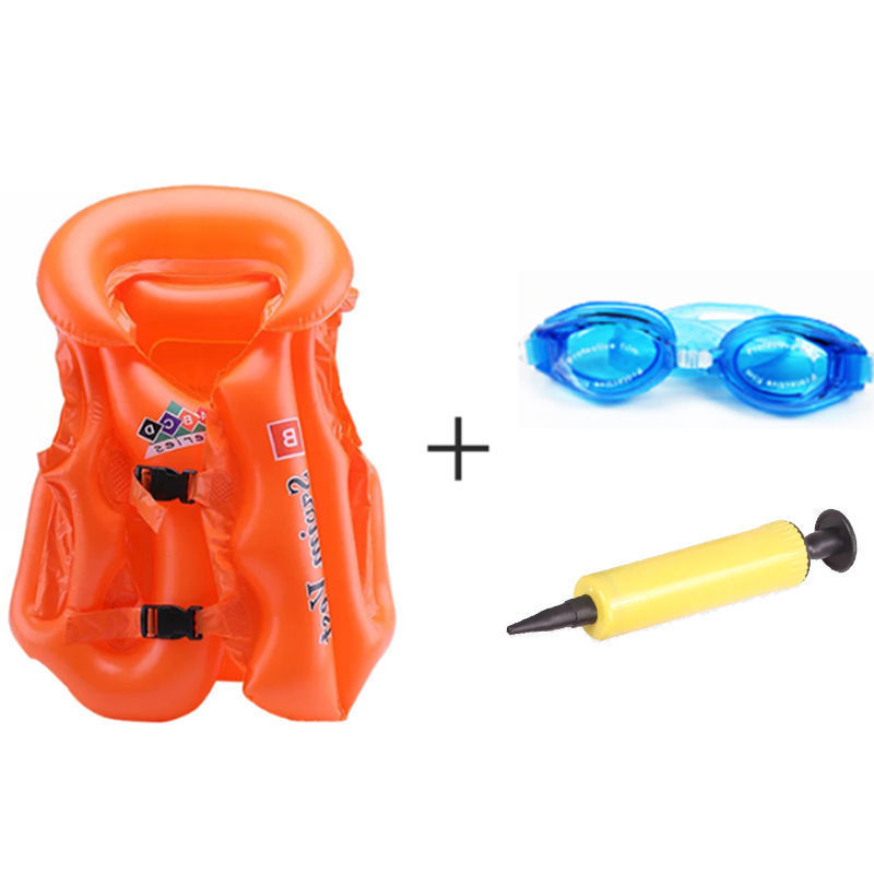 주황색 수영복 + 수영 고글 + 펌프