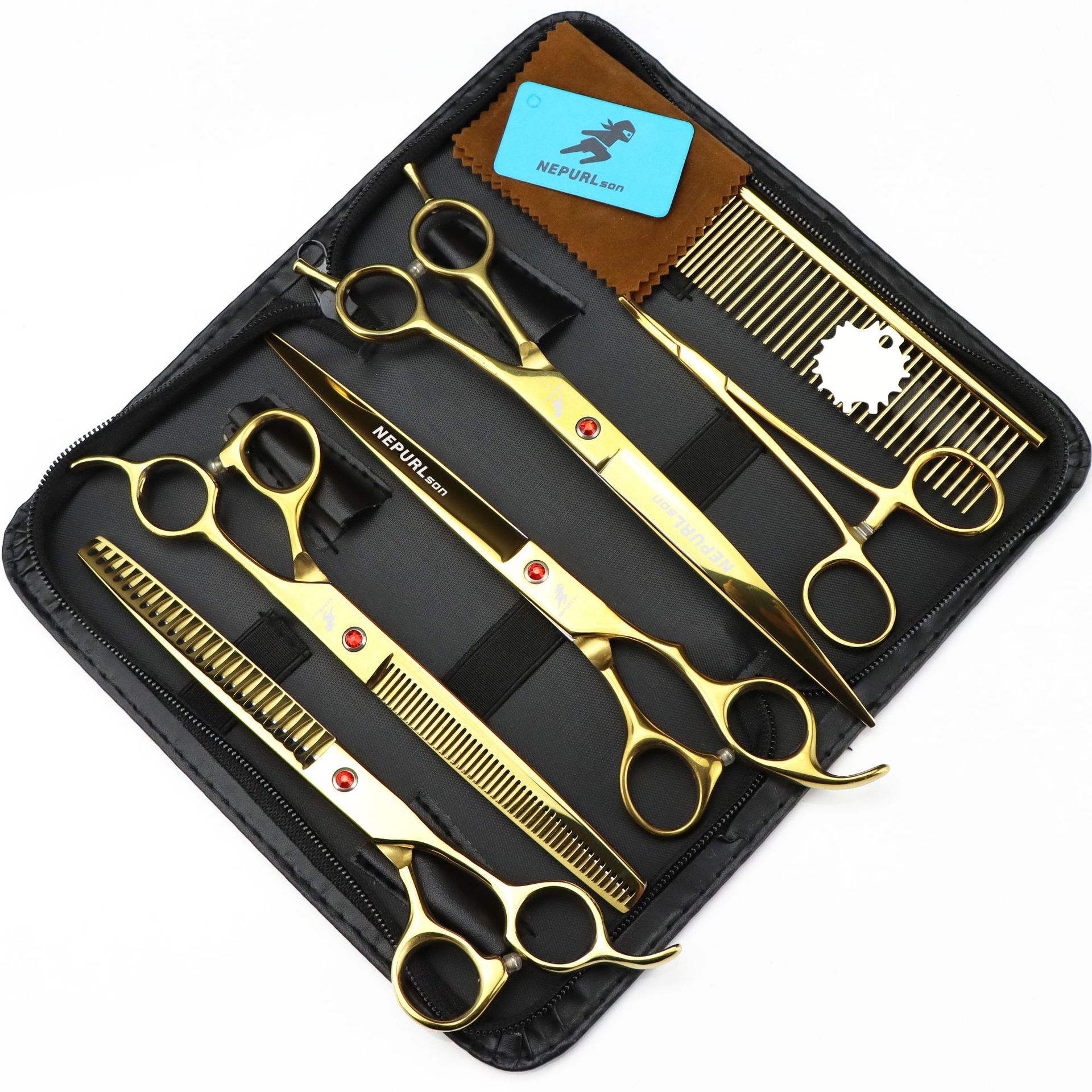 8.0寸金色宠物美容剪套装平剪弯剪牙剪打薄剪多色2牙4把装定LOGO