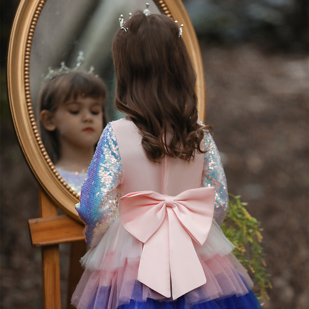 亚马逊新品儿童礼服公主裙中小童亮片演出礼服拼色蛋糕裙现货批发