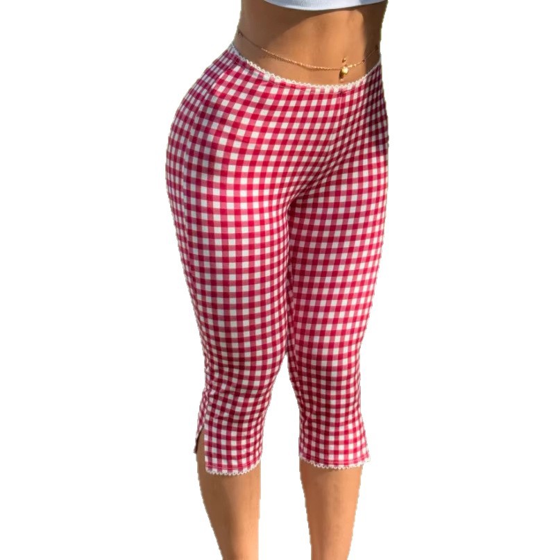 Women's Red Plaid Knit Stretch Leggings Casual Pants For Spring/Summer Style_ecoleips.com