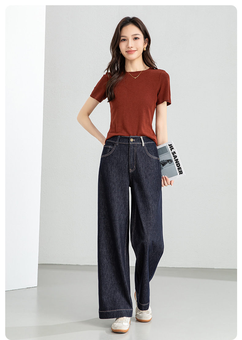Quần jean nữ ống rộng cạp cao dáng suông vải denim xanh — Xanh da trờicolor chi tiết 16