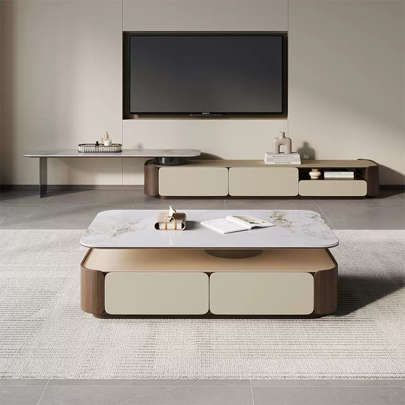 现代简约可旋转小户型轻奢长方形岩板全实木茶几伸缩电视机柜组合