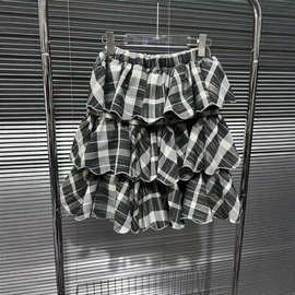 2025早秋新款韩系时尚格子呢千层蓬蓬半身裙女A字百搭蛋糕裙女