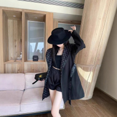 2025秋冬老花字母印花双面羊毛混纺大衣女系带中长款毛呢连帽外套