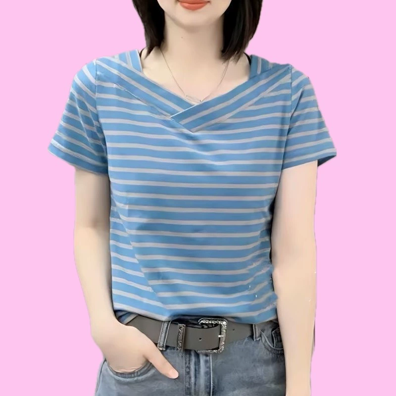 Женская футболка с короткими рукавами, новинка лета 2025, свободная полосатая футболка для мам среднего возраста, элегантный модный топ